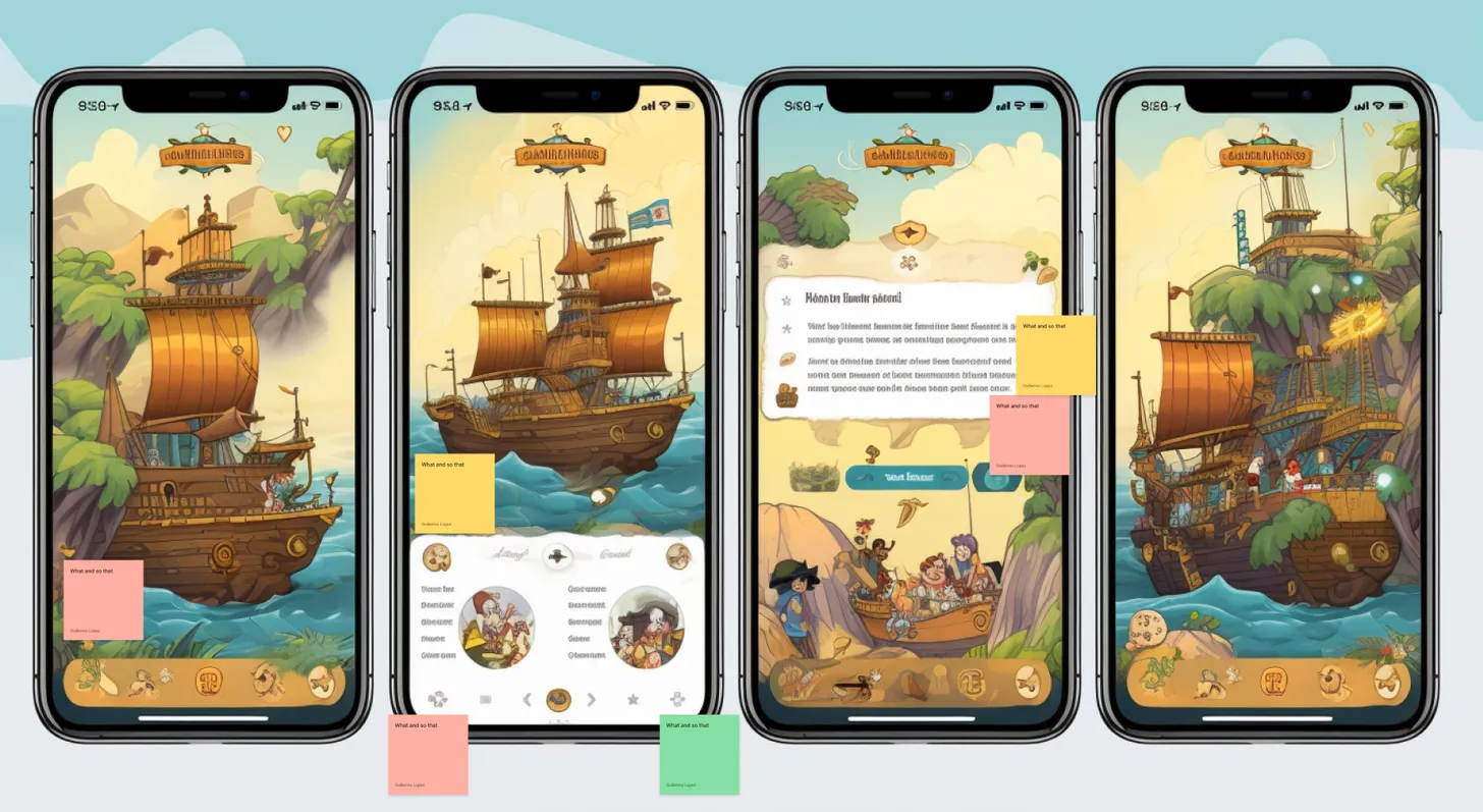 Las mismas cuatro pantallas de Piratas del Código con notas adhesivas de colores con comentarios