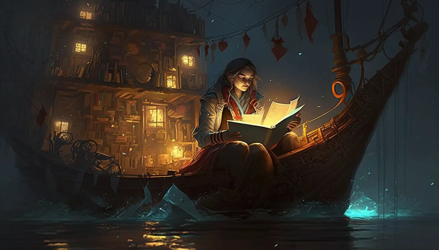 Joven leyendo un libro luminoso sentada en la proa de un barco cargado de estanterías, de noche