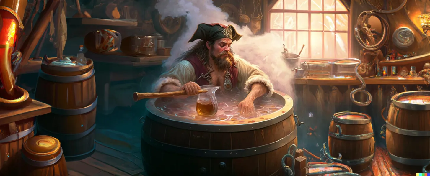 Pirata en una destilería removiendo un enorme barril humeante mientras sirve licor en una jarra