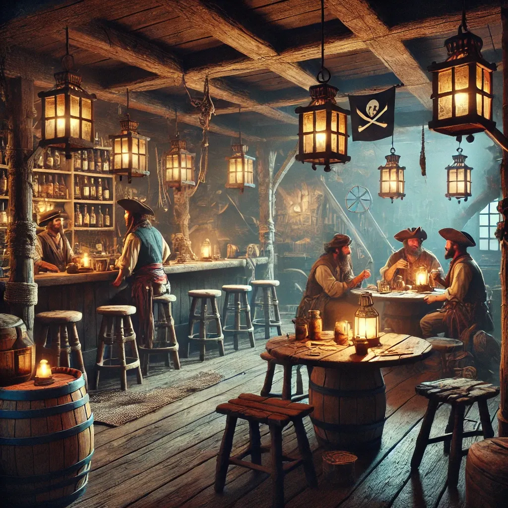 Taberna pirata iluminada por faroles: un tabernero en la barra y tres piratas charlando en una mesa