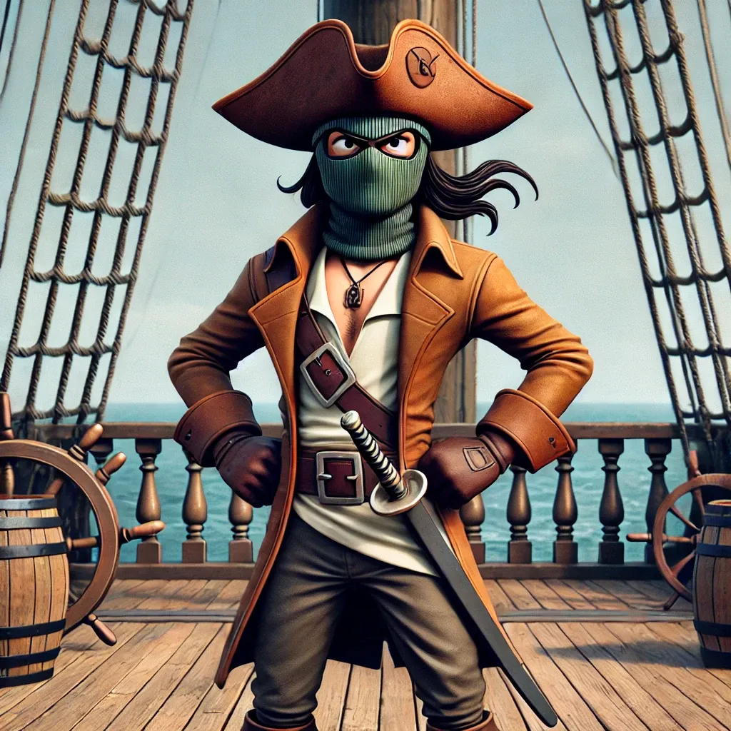 Pirata en la cubierta de un barco con pasamontañas verde, sombrero de tres picos y espada al cinto